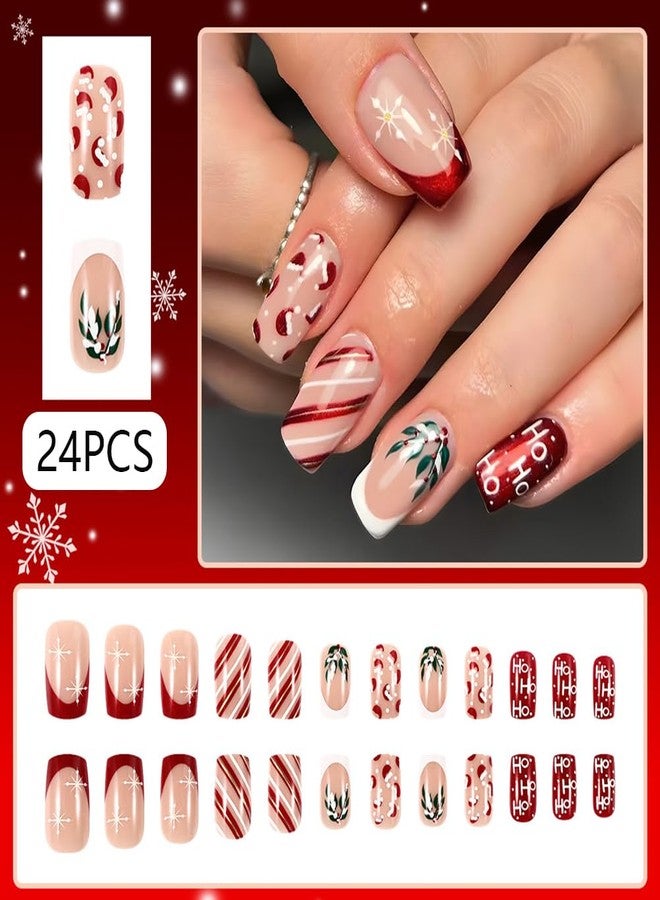 WAFOLOZE Christmas Nails - Square Press On Nails Medium Fake Nails With Santa Hat Striped Alphabet Snowflake Holly Berry Designs Acrylic Artificial Glue On False Nail Press Ons Stick On Nail for Women Girls - Image 2